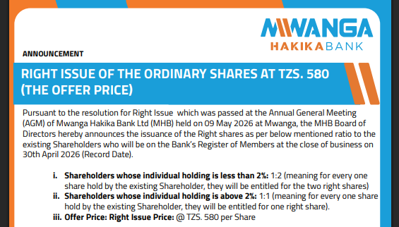 PUBLIC NOTICE OF RIGHT ISSUE OF THE ORDINARY SHARES AT TZS. 580 (THE OFFER PRICE)